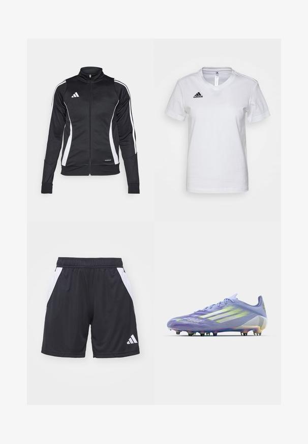 Zwarte sportjack met hoge kraag, witte zijkanten, ritsluiting en "AEROREADY" branding op de onderste zoom. Gladde stofstructuur.; Witte katoenen t-shirt met een V-halsontwerp, korte mouwen en een zwart Adidas-logo op de linkerborst. Glad textuur, klassieke pasvorm.; Zwarte sportshorts gemaakt van synthetische stof met witte zijpanelen en een elastische tailleband. Voorzien van een klein Adidas-logo aan de onderkant rechts.; Lichtpaarse voetbalschoen met iriserende accenten, gestructureerd patroon op de bovenkant, zes zwarte noppen en drie witte strepen aan de zijkant.
