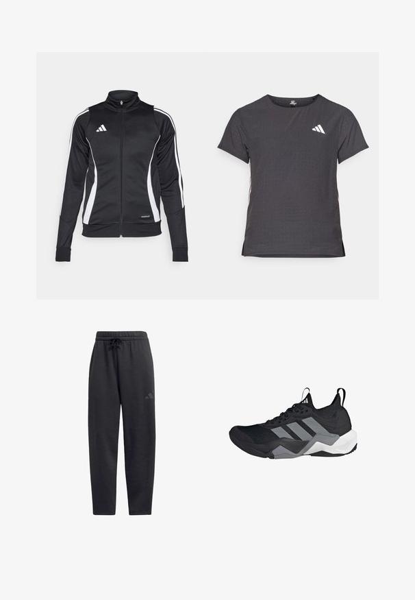 Musta urheilutakki, jossa on korkea kaulus, valkoiset sivusuorat, vetoketjukiinnitys ja "AEROREADY" -merkintä alahelmassa. Sujuva kangas.; Lyhythihainen urheilupaita, tummanharmaa, jossa on reikäkudot. Ominaisuuksina valkoinen logo ja kontrastiväriset sivusuunnat. Pyöreä pääntie.; Mustat collegehousut pehmeästä kankaasta, joissa on elastinen vyötärönauha ja nauhakuulokkeet, suorat lahkeet ja huomaamaton logo reidessä.; Musta urheilukenkä, jossa on hengittävä verkko-yläosa, harmaat yksityiskohdat, teksturoitu pohja ja kolme erottuvaa raitaa sivussa.