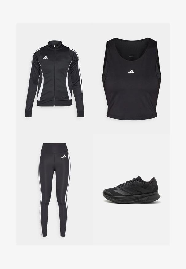 Schwarze Sportjacke mit hohem Kragen, weißen Seitenstreifen, Reißverschluss und "AEROREADY"-Branding am unteren Saum. Glatte Stofftextur.; Schwarzes Sport-Crop-Top aus feuchtigkeitsableitendem Material, mit rundem Halsausschnitt, ärmellosem Design und weißem Logo auf der Brust.; Schwarze Leggings mit hohem Bund, ausgestattet mit weißen Seitenstreifen und einem kleinen weißen Logo am oberen linken Oberschenkel. Hergestellt aus glattem, dehnbarem Material.; Schwarzer Laufschuh mit einem atmungsaktiven Mesh-Obermaterial, runder Zehenpartie, schlankem Design, strukturierten Akzenten und einer gepolsterten Sohle für Komfort.