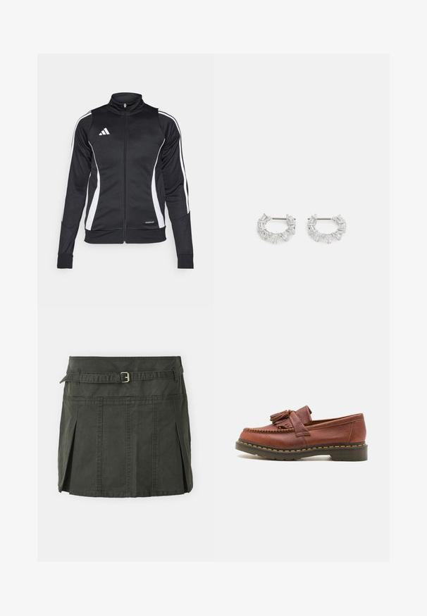 Jachetă sport neagră cu guler înalt, dungi albe pe laterale, închidere cu fermoar și branding "AEROREADY" pe marginea de jos. Textură de material neted.; Un top scurt, fără mâneci, de culoare gri, realizat dintr-un material moale, având un gât rotund și un mic logo alb Adidas pe piept.; Fustă mini de bumbac, verde închis, cu talie ajustată, curea și plisse frontale. Prezintă detalii de cusătură și o croială clasică.; Mocasini din piele maro cu accente de ciucuri, suprafață texturată și cusături galbene contrastante pe talpa de cauciuc neagră. Vedere laterală.; Cercei argintii în formă de cerc, pe care sunt așezate cristale clare, rectangulare și triangulară, dispuse într-un design patterned. Acestora le sunt atașate piese pentru o fixare sigură.