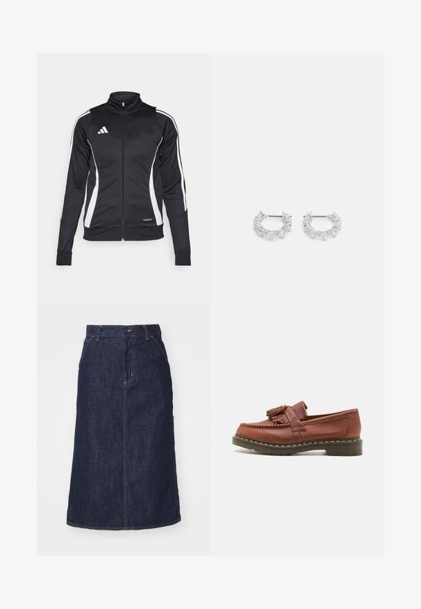 Mustus sportlik jope kõrge kraega, valged külgtriibud, lukuga sulgemine ja "AEROREADY" bränding alumisel äärel. Sile kangastekstu.; Valge puuvillane t-särk ümmarguse kaelusega, lühikeste varrukatega ja lõdgalt istuv. Vasakul rinnal on peen logo. Sile tekstuur.; Tume denim.seelik kõrge vöökoha, sirge lõike, esikottide ja õmmeldud õmblustega. Vöökoht on varustatud luku ja nööbiga.; Pruunist nahast mokassiind, millel on pompooni aksessuaarid, tekstureeritud pind ja kontrastne kollane õmblus musta kummitald alusel. Küljepilt.; Hõbedased rõngakõrvarõngad, millel on selged, ristkülikukujulised ja kolmnurkse kujuga kristallid, mis on paigutatud mustriga disaini. Kõrvarõngaid kinnitavad postid, et tagada kindel kinnitamine.