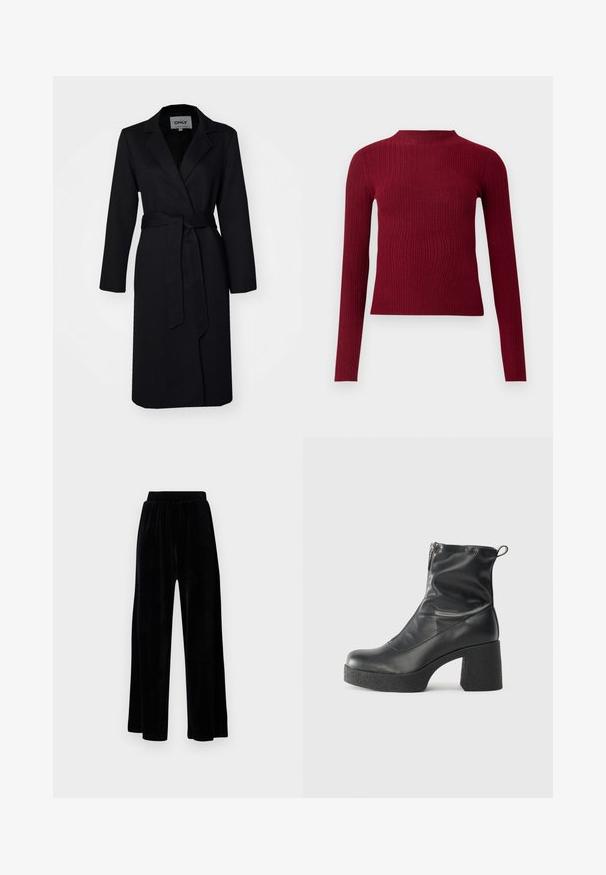 Mustade pikkade varrukatega mantel, millel on vöödiga talje, sälgikaelus ja ühekordne nööp kinnitamiseks, valmistatud siledast kangast ning ilma mustriteta.; Pikad varrukad, soonikkoeset sügava punase värviga, kõrge kaelusega ja kehakummardava siluetiga, tavalise tausta ees.; Mustad laiad püksid, mis on valmistatud pehmest sametist, elastse vöökoha ja siledaga, ilma nähtavate detailide või mustriteta.; Mustad mustad ansapüksid, mis on valmistatud siledast nahast, külje zipperiga, paksu tekstuuriga kontsaga ja ümmarguse nina disainiga.