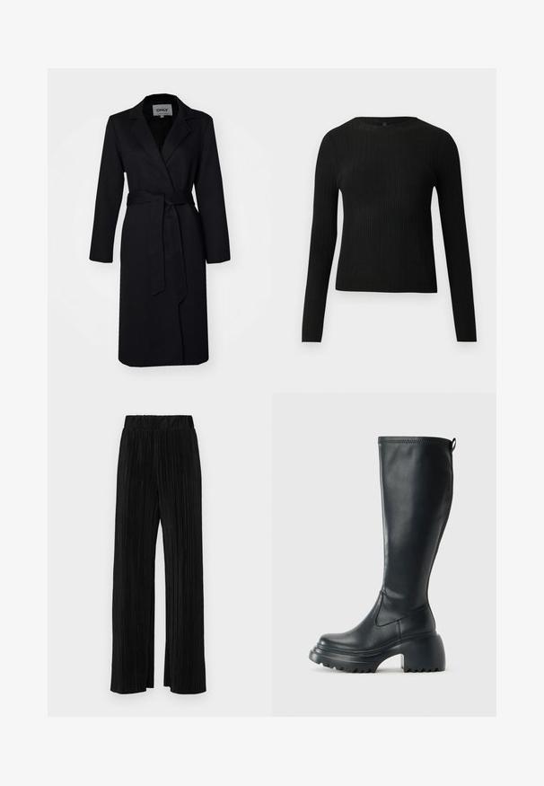 Mustade pikkade varrukatega mantel, millel on vöödiga talje, sälgikaelus ja ühekordne nööp kinnitamiseks, valmistatud siledast kangast ning ilma mustriteta.; Mustmustriibuline must pikavarsiline sobiv sviiter ümmarguse kaelusega, esitatud helehallil taustal.; Mustad pleekitud püksid elastse vöökohtaga. Omavad laiad jalad ja sujuvat, tekstureeritud kangast vertikaalsete triipudega.; Kõrge must nahksaapad, millel on massiivne platvormi tald ja blokk-kand, varustatud tõmbenööriga ja tekstuuriga väljatõmbejääk.