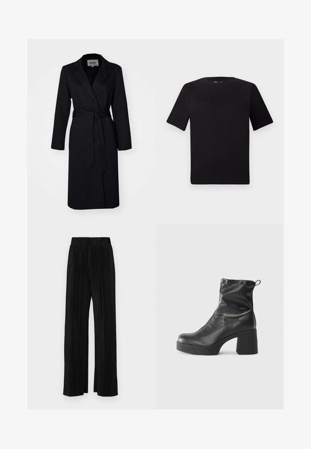 Black long coat with a belted waist, notch lapels, and long sleeves, made from smooth fabric, featuring a single button closure and no patterns.; Black short-sleeve t-shirt with a round neckline, crafted from soft cotton fabric. Simple design, no visible logos or patterns.; Black pleated trousers with an elastic waistband. Features wide legs and a smooth, textured fabric with vertical stripes.; Black ankle boots made of smooth leather, featuring a side zipper, chunky textured heel, and rounded toe design.