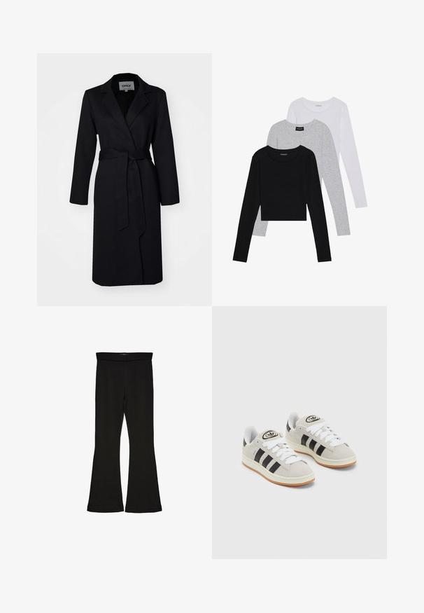 Melnā garā jaka ar jostiņu viduklī, ar griezumu pie apakšmalas, garām piedurknēm, izgatavota no gludas auduma, ar vienu pogu aizdari un bez rakstiem.; Trīs garām piedurknēm veidotas augšdaļas, sakrautās: melna, pelēka un balta. Katram ir noapaļots kakla izgriezums un īsa dizaina forma ar gludu, vieglu audumu.; Melnas flared leggings, kas izgatavotas no stiepjama auduma. Iezīmējas ar platu jostasvietu un gludu tekstūru, ar pieguļošu siluetu, kas paplašinās pie apakšmalas.; Pelēkas zamšādas kedas ar baltām saites, melnām svītrām un baltu gumijas zoli. Raksturīga apļa logo uz mēles un gumijas zole.