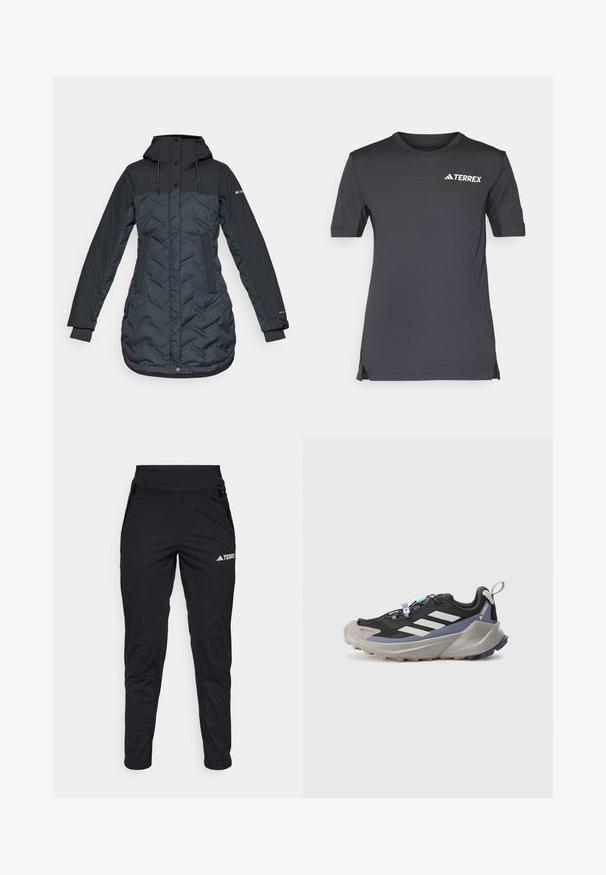 Dolga, temno modra izolirana zimska jakna s kapuco, nastavljivimi vrvicami, stranskimi žepi in zadrgo, pokrito s pritisnimi gumbi.; Temno siva majica s kratkimi rokavi, izdelana iz lahkotnega materiala, z okroglim izrezom in belim logotipom TERREX na prsih.; Črne športne hlače z gladkim materialom, ki imajo oprijet kroj, žepke z zadrgo in teksturirane spodnje dele nogavic. Na sprednji strani je potiskano logotip.; Črne športne čevlje z Gore-Tex zgornjim delom, belimi črtami, vijoličnimi akcenti, debelim sivim srednjim podplatom in strukturiranim sivim zunanjim podplatom za boljši oprijem.