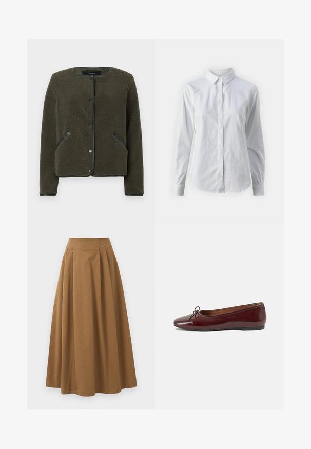 Giacca in pile di colore verde oliva scuro con superficie testurizzata, colletto rotondo, bottoni a pressione e toppe nere sulle tasche.; Camicia bianca con bottoni, realizzata in cotone liscio, dotata di un colletto classico, maniche lunghe e orlo curvo. I bottoni sono piccoli e bianchi.; Gonna A-line in cotone marrone con vita alta, caratterizzata da pince sulla parte anteriore e una texture liscia. Le finiture dell'orlo sono pulite e semplici.; Ballerine in pelle verniciata bordeaux con punta arrotondata, piccolo fiocco decorativo sulla parte anteriore e suola bassa in gomma nera. Texture liscia.
