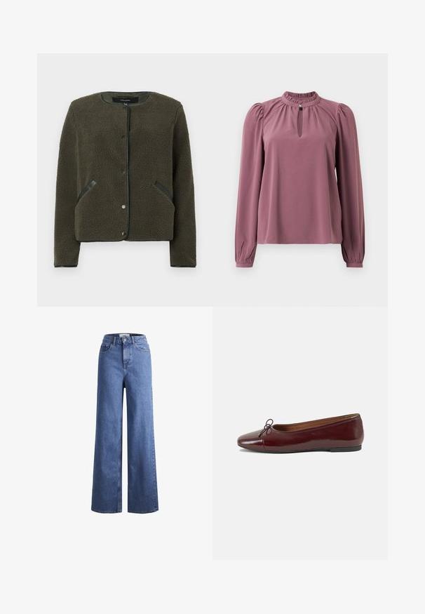 Fleece bunda v tmavo olivovo zelenej farbe s textúrovaným povrchom, okrúhlym výstrihom, patentkami a čiernymi akcentovanými škvrnami na vreckách.; Dlhý rukáv mauve blúzka s naťahovacím golierom, výstrihom v tvare kľúčovej dierky so zapínaním na gombík a mierne nariasenými ramenami.; Svetlomodré deninové nohavice s širokými nohavicami a vysokým pásom, dve predné vrecká a viditeľné švy. Obsahuje tiež uzatváranie na gombík a zips.; Burgundské lakované balerínky s okrúhlou špičkou, malou mašľou na prednej strane a nízkou čiernou gumovou podrážkou. Hladký povrch.