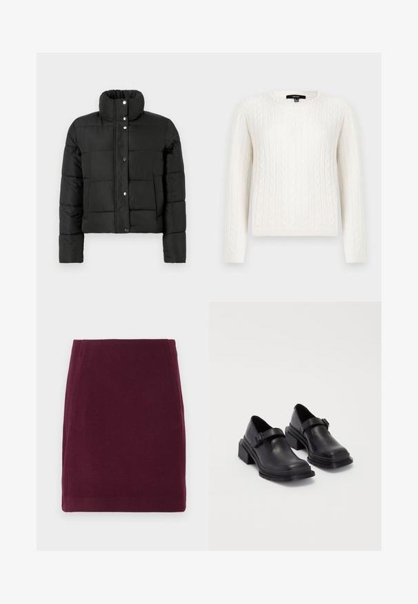 Juodas pūkuotas švarkas su aukštu kaklu, ilgomisRankovėmis, priekiniais spaudimo mygtukais ir dviem šoninėmis kišenėmis, priešais vientisą šviesų foną.; Baltas pynėtas megztinis su ilgomis rankovėmis, apvaliu iškirpimu ir dekoratyvia perlų akcentu ant apykaklės. Minkšta tekstūra ir prigludęs dizainas.; Vero Moda VMFORTUNALLISON SHORT - Trapecinis sijonas - winetasting; Juodos odinės bateliai su apvaliu priekiu, plokščiu padu ir dirželiu su sagtimi. Didelis blokinis kulnas, užtikrinantis papildomą stabilumą.