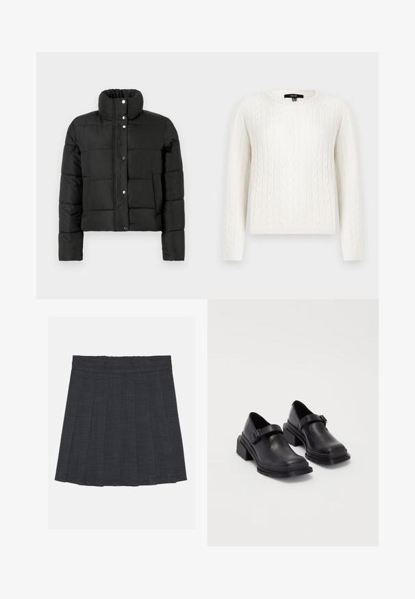 Chaqueta de plumas negra con cuello alto, mangas largas, botones a presión en la parte delantera y dos bolsillos laterales, contra un fondo claro y liso.; Suéter blanco de punto trenzado con mangas largas, cuello redondo y un acento decorativo de perlas en el cuello. Textura suave y diseño ajustado.; Falda plisada gris oscuro con cinturilla elástica, que presenta una tela texturada y una silueta clásica en A. Adecuada para un estilo casual.; Zapatos de cuero negros con punta redondeada, suela plana y una correa con detalle de hebilla. Tacón cuadrado grueso para mayor estabilidad.