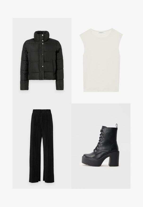 Čierna páperová bunda s vysokým golierom, dlhými rukávmi, prednými patentkami a dvoma bočnými vreckami na svetlom pozadí.; Biely bezrukávový top s okrúhlym výstrihom. Vyrobený z hladkého materiálu, má uvoľnený strih a minimalistický dizajn. Žiadne vzory alebo akcenty.; Čierne plisované nohavice s elastickým pásom. Majú široké nohavice a hladkú, textúrovanú látku s vertikálnymi pruhmi.; Čierne kožené členkové topánky s objemným blokovým podpätkom, šnurovaním vpredu a textúrovým povrchom. Obsahuje pútko na zadnej strane pre jednoduché obúvanie.