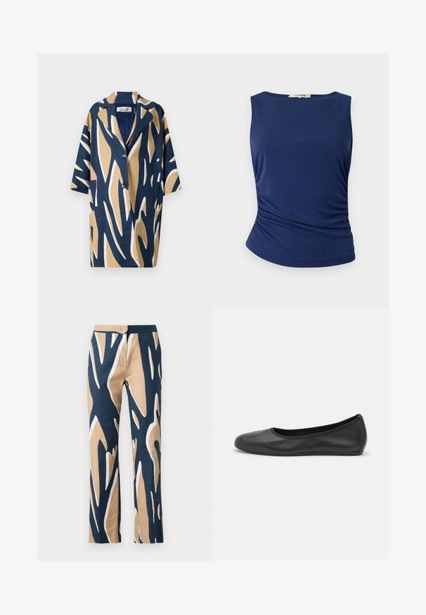 Camisa de manga corta con un audaz patrón abstracto en azul marino, beige y blanco, con un corte relajado y un collar con muesca. Dos bolsillos en la parte delantera.; Top sin mangas de color azul marino, hecho de una tela suave y elástica. Presenta detalles de fruncido en los laterales y un dobladillo redondeado para un ajuste ceñido.; Pantalones de pierna ancha en patrón gráfico en azul marino, beige y blanco. Fabricados en tejido ligero con una textura suave y cintura ajustada.; Bailarina de piel negra con punta redondeada, textura suave, detalle de costura minimalista y diseño de suela flexible.
