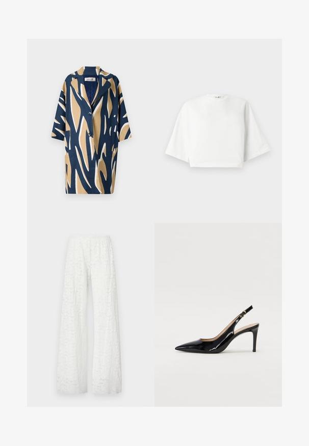 Korte mouw shirt met een gedurfde abstracte print in marineblauw, beige en wit, met een relaxte fit en een gesneden kraag. Twee voorke pockets.; Witte, cropped t-shirt met een relaxte pasvorm, korte brede mouwen, ronde halslijn en zijsplitten, gemaakt van zacht katoen.; Witte wijde broek met een elastische tailleband, voorzien van een textuur met een bloemig kantpatroon door de stof.; Zwarte gepatineerde leren slingback pump met een puntige neus, slanke hak en een subtiel uitgesneden ontwerp. Bevat een gouden gesp op de band.