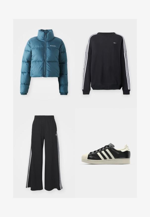 Lühendatud sinine puffjakker, mis on valmistatud veekindlast kangast. Omab kõrget krae, esi tõmblukk ja horisontaalsed õmblused soojustamiseks.; Mustad dressipluus pikkade varrukatega, valged triibud jooksevad mõlemal käel alla ning rinnal väike hall logo. Puuvillane materjal, igapäevane lõige.; Mustad laiad trenni püksid elastse vöökohtaga, millel on valged küljeribad ja tikitud logo vasakul reiel.; Must have nahkased mustad tossud valgete triipudega, kummist varbakattega, mustade paeltega ja kreemika värvusega tallaga. Sile tekstuur ja läikiv viimistlus.