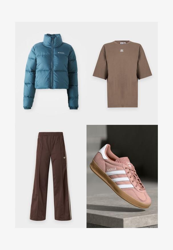 Cropped blue puffer jacket made of water-resistant fabric. Features a high collar, front zip, and horizontal stitching for insulation.; Brown cotton t-shirt with short sleeves, round neck, and white Adidas logo centered at the chest, featuring a plain design and relaxed fit.; Brown athletic pants with a wide-leg design, white side stripes, an elastic waistband, and two side pockets. Features small logo on the leg.; Pink suede sneaker with white stripes, rubber gum sole, textured upper, and logo on tongue. Classic low-top design.