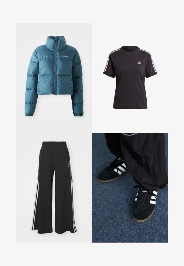 Afskåret blå pufferjakke lavet af vandafvisende stof. Har en høj krave, frontlynlås og vandret syninger til isolering.; Sort bomulds t-shirt med korte ærmer og rund hals, der har hvide striber på skuldrene og et lille hvidt Adidas-logo på brystet.; Sorte brede sweatpants med elastisk talje, med hvide sidelommer og et broderet logo på venstre lår.; Sorte suedetrainingssko med tre hvide striber og sorte snørebånd. Et tekstureret sort bukser er delvist synligt ved siden af skoene.