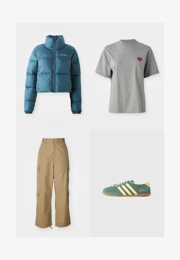 Afskåret blå pufferjakke lavet af vandafvisende stof. Har en høj krave, frontlynlås og vandret syninger til isolering.; Grå kortærmet T-shirt med rund hals og en lille rød hjerteformet lap på venstre bryst, der står "Carhartt WIP."; Beige cargo bukser med høj talje, brede ben og fire store sidelommer. Fremstillet af slidstærkt stof med en glat tekstur og minimal detaljering.; Grønne ruskindsko med gule detaljer og tre striber. Rund tå, flad gummisål og fremtrædende mærke på siden.
