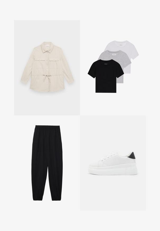 Veste boutonnée beige clair avec manches longues, deux poches poitrine et taille ajustable à cordon. Texture de tissu lisse, col classique.; Ensemble de trois t-shirts à manches courtes en noir, gris et blanc. Fabriqués en coton, avec un col rond et un design simple de couleur unie.; Pantalons noirs légers avec une taille élastique et des chevilles froncées. Le tissu est lisse et présente un design décontracté et fuselé.; Baskets plates blanches en matériau synthétique lisse, avec un bout arrondi, un design à lacets et une semelle en caoutchouc texturé. Accent de talon noir.