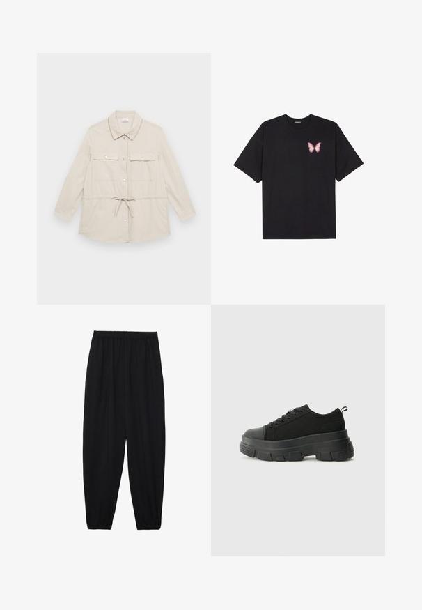 Helle beige Knopfjacke mit langen Ärmeln, zwei Brusttaschen und einem Zugband in der Taille für eine anpassbare Passform. Glatte Stofftextur, klassischer Kragen.; Schwarzes Baumwoll-T-Shirt mit kurzen Ärmeln, das ein kleines pinkes Schmetterlingsmotiv auf der linken Brust zeigt. Crewneck-Design mit einem entspannten Schnitt.; Schwarze, leichte Hosen mit einem elastischen Bund und gerafften Knöcheln. Der Stoff ist glatt und hat ein entspanntes, schmal zulaufendes Design.; Schwarze Sneakers mit einer dicken Gummisohle, strukturiertem Obermaterial, runder Zehenpartie und Schnürdesign. Verfügt über verstärkte Ösen und eine Schlaufe an der Rückseite.