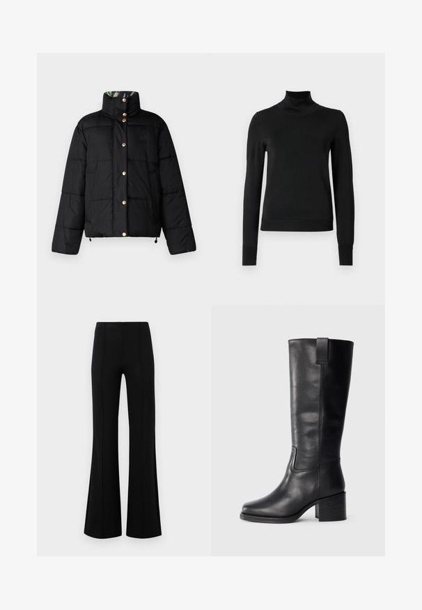 Juodas pūkinis švarkas su auksinėmis sagų užsegimais, aukštu apykakle ir siūtu dizainu; turi raštuotą vidinę pamušalą.; Juoda ilgomis rankovėmis turtleneko tipo megztinis su rebruotomis rankovėmis ir apačia, eksponuojamas ant paprasto balto fono.; Juodos plačios kelnės su aukštu liemeniu, pagamintos iš tamprios medžiagos. Priekinėje dalyje yra vertikalūs siūlų akcentai ir lygus paviršius.; Juodos odinės iki kelių siekiančios botai su lygiu paviršiumi, kvadratiniu pirštu, storu kulnu ir šoniniu kilputė, su minimaliais siuvimo akcentais.