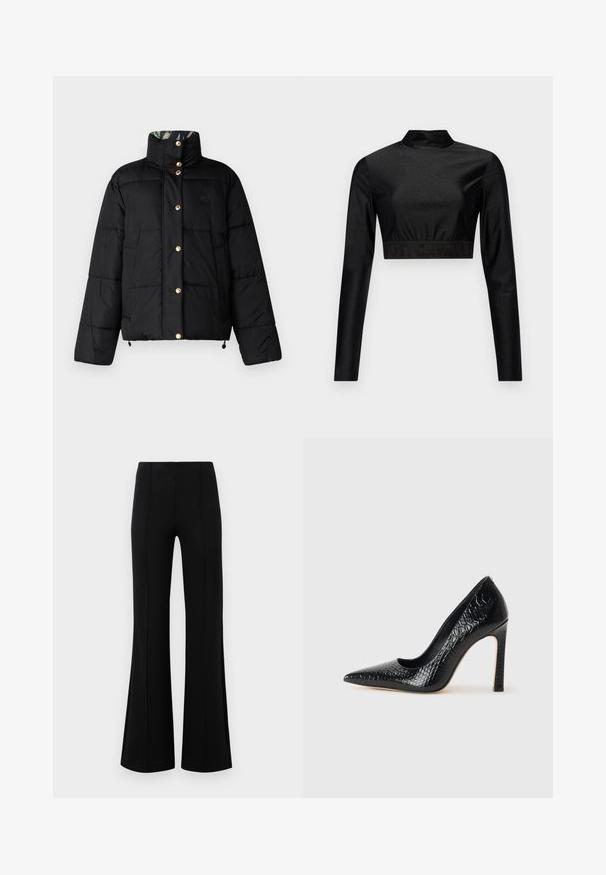 Fekete puffernadrág arany gombos záródással, magas gallérral és steppelt kivitelben; mintás bélés jellemzi.; Fekete, fénylő anyagból készült crop top, hosszú ujjakkal és magas nyakkal. Bordás szegélye van, melyen fekete "JUST CAVALLI" logó található.; Fekete, flared nadrág magas derékkal, rugalmas anyagból készült. Elölnézetén függőleges varrásokkal rendelkezik, sima textúrával.; Fekete hegyes orrú magassarkú cipő krokodilbőr textúrával, letisztult dizájnnal, magas tűsarkú és sima fekete belső résszel.