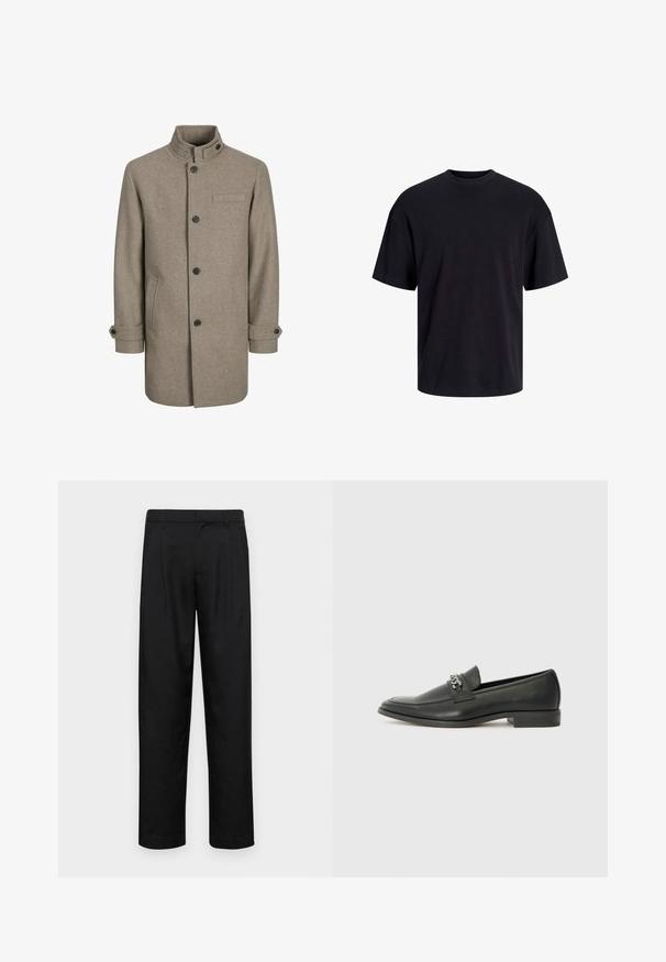 Brūns vilnas mētelis ar augstu apkakli, pogu aizdari, divām sānu kabatām un krūšu kabatu. Iezīmējas ar melnām pogām un sarullētām piedurknēm.; Melns kokvilnas T-krekls ar apaļu kakla izgriezumu, īsām piedurknēm un brīvu piegriezumu. Gluda tekstūra un nav redzamu rakstu vai akcentu.; Melnas bikses, izgatavotas no gludas auduma, ar taisnu kāju dizainu, divām priekšējām krokām un standarta jostu, kurai ir āķi.; Melna ādas loafer izmēra apavi ar gludu virsmu, piedāvā ar šūtu dizainu un dekoratīvu metāla ķēdes akcentu pār vampu. Plakana papēža daļa.