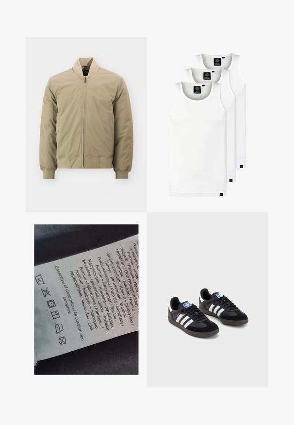 Casaco bomber em bege claro com fecho de correr, punhos rendilhados e um colarinho suave. Feito de um tecido liso com um pequeno logótipo no peito.; Três tops em algodão de alças brancas com nervuras. Apresentam um decote redondo e pequenas etiquetas pretas perto da bainha. Disponíveis em vários tamanhos.; Etiqueta com texto multilingue, símbolos de cuidado e ícones de reciclagem, impressa em um material macio e semelhante a tecido em cor clara.; Sneakers pretos com parte superior em camurça e sintético, apresentando três riscas brancas, sola de borracha texturizada e etiqueta azul no linguete.