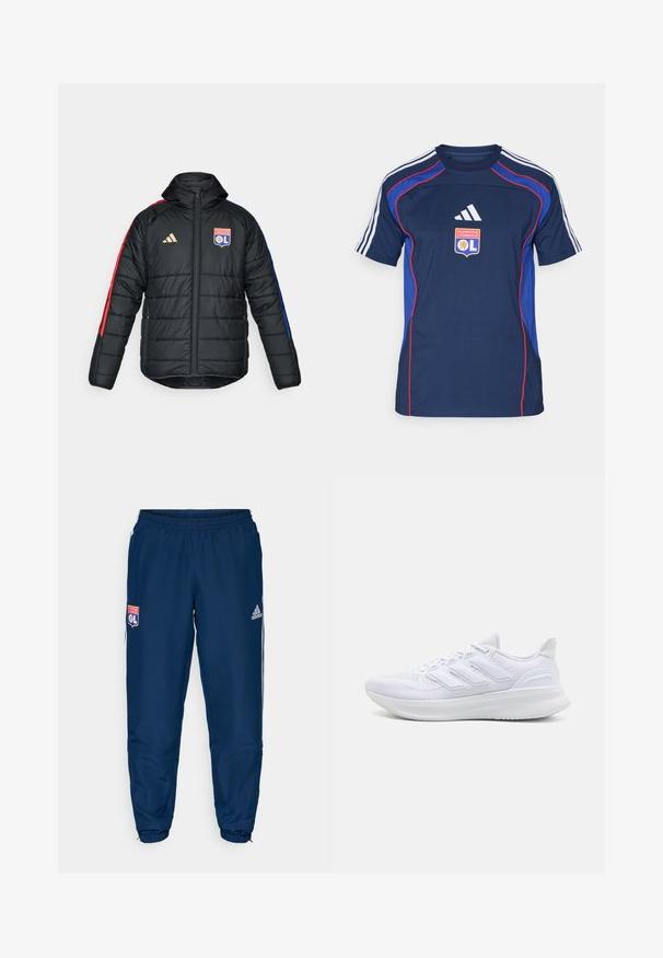 Sort puffer-jakke med hætte, med røde og blå striber på siden, quiltet tekstur, guld adidas-logo og Olympique Lyonnais-våbenskjold.; Marineblå sports T-shirt med røde accenter, tre hvide striber på skuldrene, med Olympique Lyonnais-logoet på forsiden.; Blå atletikbukser med elastisk talje, med hvide sidelister og logoet for Olympique Lyonnais på venstre lår.; Hvide sportssko med en tekstureret mesh-overdel, en støttende polstret sål og et tre-stripes design på siden.