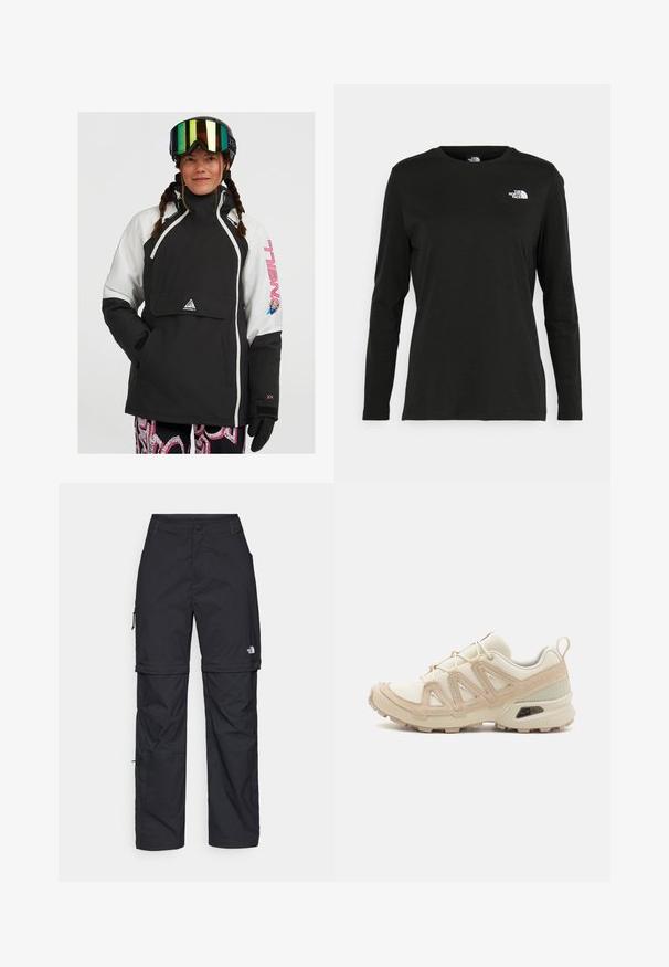 Casaco de pulôver isolado em preto e branco, com um bolso frontal, capuz ajustável e detalhes em rosa no logótipo. Apresenta um tecido texturizado e punhos elásticos.; T-shirt preto de mangas longas, feito de algodão, com decote redondo. Apresenta um pequeno logótipo branco na área esquerda do peito. Design simples e ajuste confortável.; Calças cargo pretas em nylon com fechos de correr removíveis, punhos ajustáveis, múltiplos bolsos e um logótipo na perna direita. Textura suave e leve.; Sapatilha atlética beige e creme com parte superior em malha texturizada, sobreposições de suporte e sola de borracha com um padrão de cravo para tração.