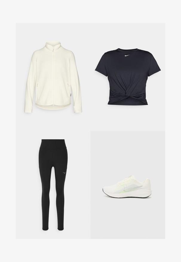White fleece jacket with a high collar, front zipper, and side pockets. Soft texture with a slightly longer back hem, casual design.; Black athletic t-shirt made of smooth fabric, featuring a knotted front design and a small white Nike logo on the chest.; Black leggings with a high waist, made from stretchy material. Features a small white logo on the left side and side seam detailing.; Nike Performance DOWNSHIFTER 13 - Road running shoes - sail/silver-coloured photon dust/summit white/barely volt/black