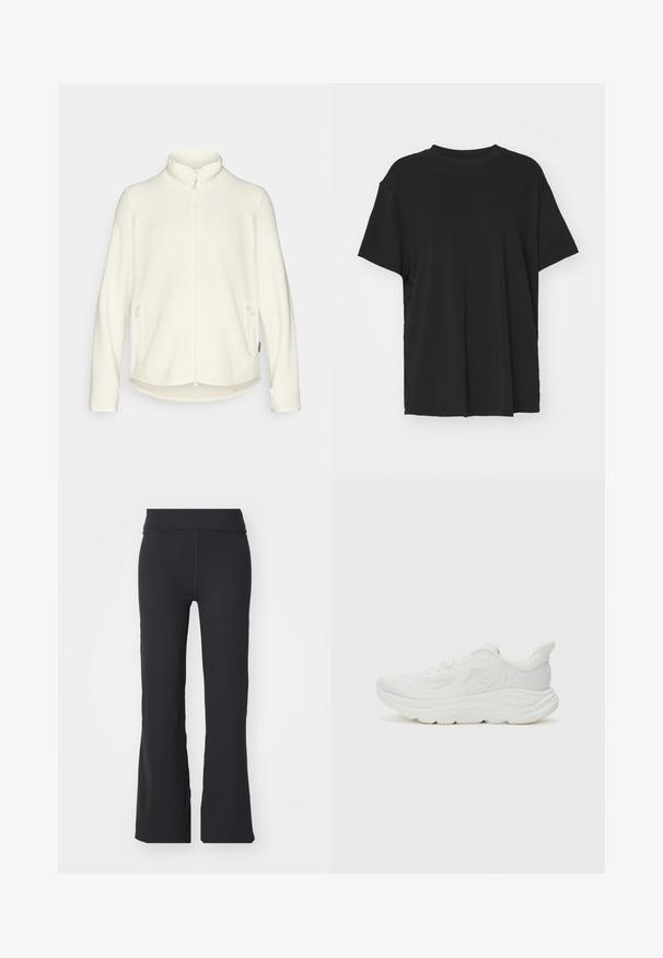 Chaqueta de forro polar blanca con un cuello alto, cremallera frontal y bolsillos laterales. Textura suave con un dobladillo trasero ligeramente más largo, diseño casual.; Camiseta negra de manga corta hecha de tejido suave, con cuello redondo y corte holgado. Presenta aberturas laterales para mayor comodidad y transpirabilidad.; Pantalones negros acampanados hechos de una tela elástica con una cintura alta. Presentan líneas limpias y una textura suave, adecuados para un uso casual.; Zapatilla de running blanca con una parte superior de malla texturizada, cuello acolchado, entresuela gruesa y suela de goma. Presenta un detalle del logo en el costado.