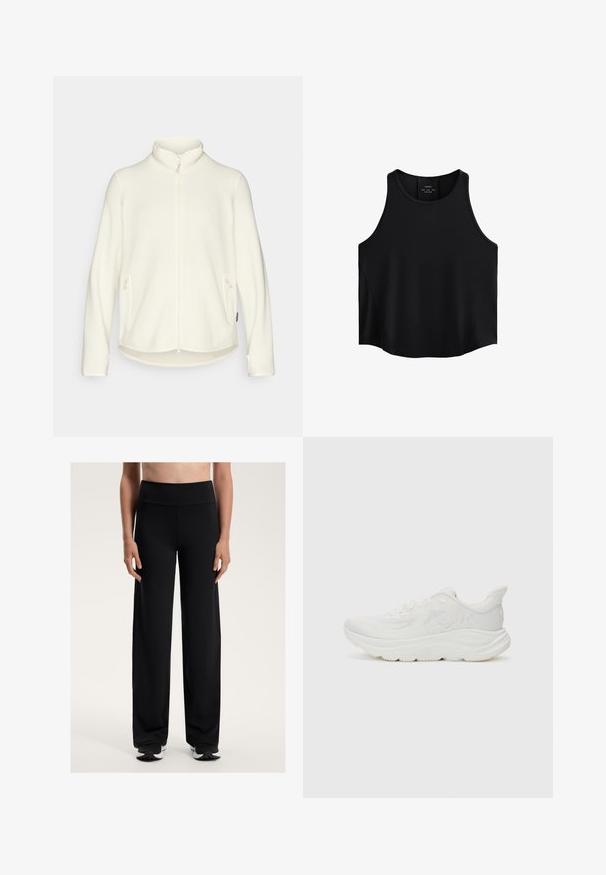 Biely fleece zakrývajúci s vysokým golierom, predným zipsom a bočnými vreckami. Mäkko textúra s mierne dlhším zadným lemom, ležérny dizajn.; Čierny bezrukávový top vyrobený z hladkej látky, s okrúhlym výstrihom, priamym strihom a bočnými panelmi s jemnou textúrou.; Čierne široké športové nohavice s vysokým pásom. Vyrobené z hladkej, elastickej tkaniny, ponúkajú voľný strih a subtílnu textúru.; Biele bežecké topánky s textúrovaným sieťovinovým zvrškom, polstrovaným golierom, hrubou medzipodrážkou a gumovou podrážkou. Obsahuje detail loga na boku.