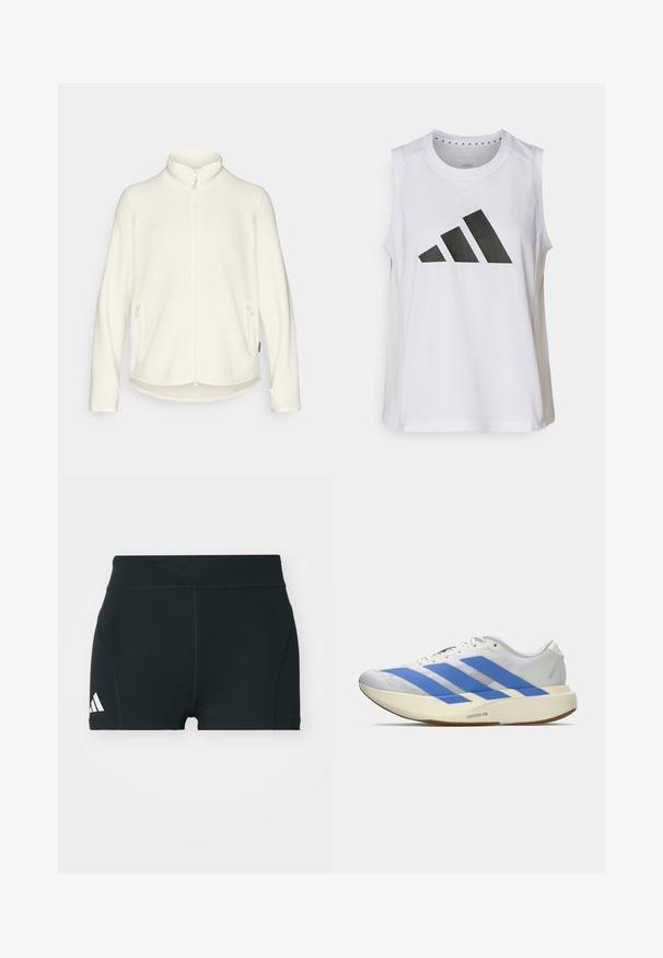 Chaqueta de forro polar blanca con un cuello alto, cremallera frontal y bolsillos laterales. Textura suave con un dobladillo trasero ligeramente más largo, diseño casual.; Top atlético blanco sin mangas con escote redondo, que presenta un gran logo de Adidas en negro compuesto por tres franjas en la parte frontal.; Pantalones cortos deportivos negros de tela elástica, con una cintura alta, forma ajustada y logo blanco de Adidas en el lado izquierdo.; Zapatilla deportiva blanca con rayas azules, parte superior texturizada, suela plana y la marca "LIGHTSTRIKE PRO" en el lateral. Diseño de perfil bajo.