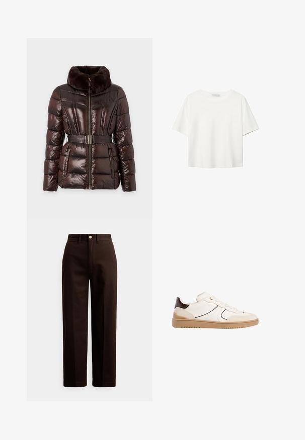 MICHAEL Michael Kors PACKABLE JACKET - Zimska jakna - chocolate; Bela kratka majica s kratkimi rokavi iz bombaža. Ima okroglo izrezovanje in sproščen kroj. Gladka tekstura brez vidnih vzorcev ali poudarkov.; Temno rjave ravne hlače z gumbi in zadrgo, z zankami za pas in sprednjimi žepi na belem ozadju.; Stradivarius Športni copati - white