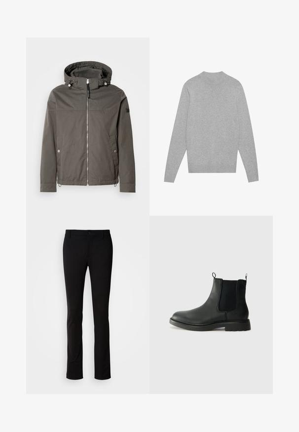 Szürke, vízálló dzseki kapucnival, elöl cipzáras záródással, két oldalsó zsebbel és húzózsinóros alsó résszel. Simább textúra, minimalista dizájn.; Világosszürke, hosszú ujjú, kerek nyakú pulóver bordás gallérral, mandzsettával és alsó szegéllyel, fehér háttérre fektetve.; Fekete nadrág sima anyagból, gombos záródással, övpántokkal és egyenes lábakkal. Nincsenek látható minták vagy díszítések.; Fekete bőrből készült chelsea csizma, elasztikus oldalsó panelekkel, húzófülekkel, lekerekített orral és struktúrált gumitalppal. Simább felszín és masszív kialakítás.