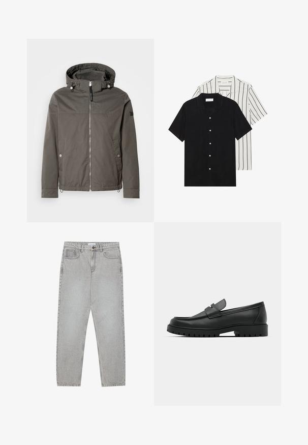 Siva, vodoodporna jakna s kapuco, sprednjim zadrgo, dvema stranskima žepoma in vrvico na dnu. Gladka tekstura, minimalističen dizajn.; Dve majice s kratkimi rokavi: ena enobarvna črna, druga bela z črnimi navpičnimi črtami. Obe imata gumbaste zapenke in klasičen ovratnik.; Svetlo sivi traper hlače s ravnim krojem, pet žepov in gumbom za zapiranje. Vidno šivanje ob šivih.; Črne usnjene loafers čevlje z zaobljenim nosom, ki imajo šivano zasnovo, nizko platformo in teksturiran, profiliran gumijast podplat.