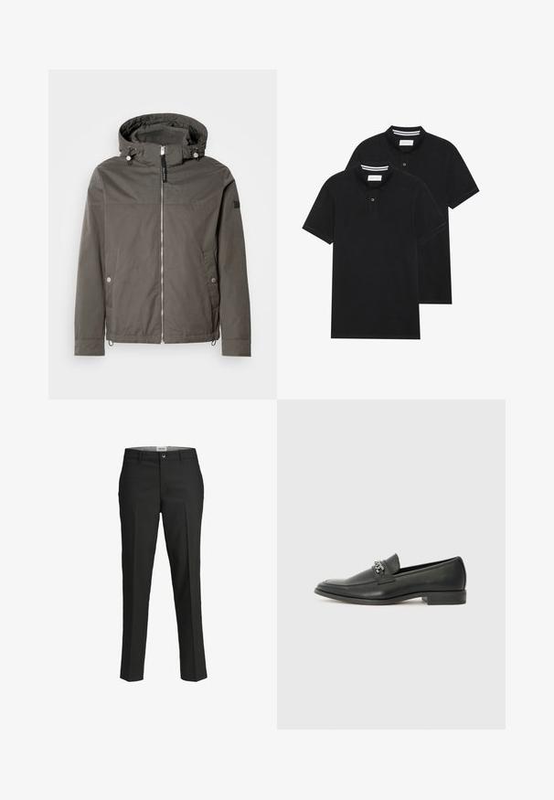 Grey, water-resistant jacket with a hood, front zipper closure, two side pockets, and drawstring hem. Smooth texture, minimalistic design.; Two black polo shirts, short-sleeved, cotton material, featuring a classic collar, two-button placket, and white striped accents inside the collar.; Black trousers, tailored fit, smooth fabric, mid-rise waist, front button closure, diagonal pockets, and crease detailing down the legs.; Black leather loafer with a smooth finish, featuring a stitched design and a decorative metal chain accent across the vamp. Flat heel.
