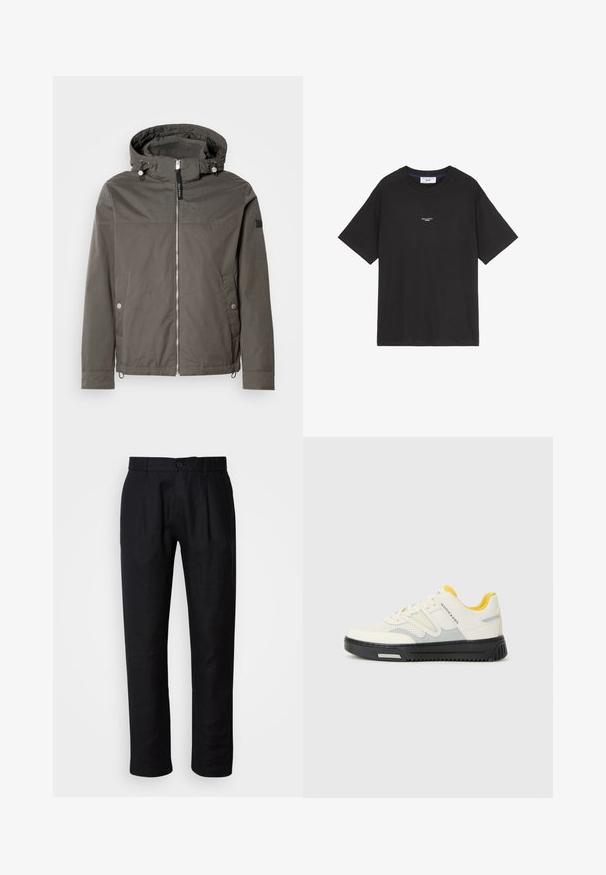 Šedá voděodolná bunda s kapucí, předním zipovým uzávěrem, dvěma bočními kapsami a stahovacími lemy. Hladká textura, minimalistický design.; Černé bavlněné tričko s kulatým výstřihem a krátkými rukávy. Na přední straně je malá bílá loga. Jednoduchý design, uvolněný střih.; Černé kalhoty rovného střihu s poutky na pásek, předním zapínáním na knoflík a bočními kapsami, vystavené na světlém pozadí.; Bílé a šedé sportovní boty s texturovaným svrškem, žlutými akcenty na jazyku a silnou černou podrážkou. Má perforace pro prodyšnost.