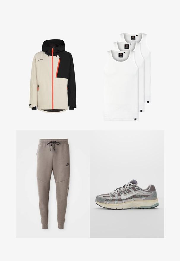 Veste à capuche bicolore beige et noire avec des fermetures éclair orange vif et le logo O'Neill sur la poitrine, poches zippées et poignets réglables.; Trois débardeurs blancs côtelés en coton. Présentent un col rond et de petites étiquettes noires près de l'ourlet. Disponibles en plusieurs tailles.; Pantalon de survêtement gris Nike avec une taille élastique à cordon de serrage, des jambes fuselées, des poches latérales et un détail de couture distinct. Tissu doux et texturé.; Chaussure de sport grise avec une tige en mesh et en daim, accents blancs, semelle rembourrée et un design distinctif avec des éléments réfléchissants.