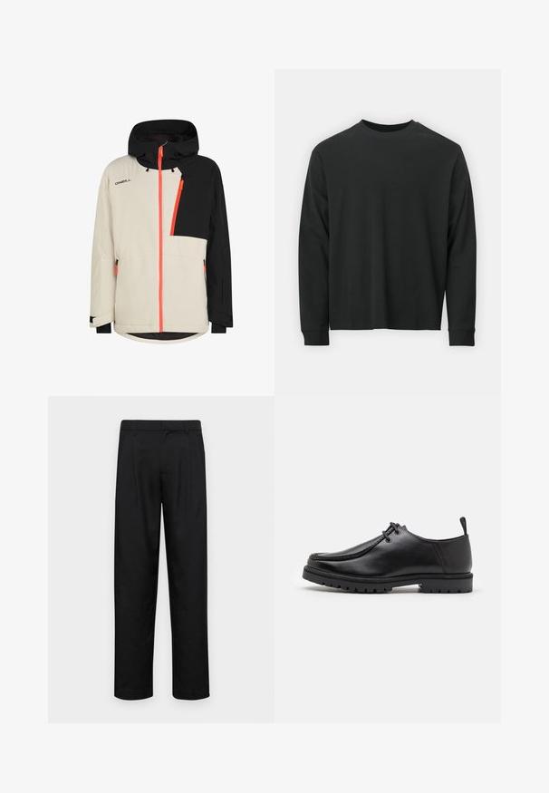 Veste à capuche bicolore beige et noire avec des fermetures éclair orange vif et le logo O'Neill sur la poitrine, poches zippées et poignets réglables.; T-shirt noir à manches longues en coton, avec un col rond, une coupe ample et des poignets côtelés. Texture lisse sans motifs visibles.; Pantalons noirs en tissu lisse, avec une coupe droite, deux plis avant et une taille standard avec passants de ceinture.; Chaussure en cuir noir à lacets avec une semelle robuste et une languette au talon, montrée de côté sur un fond blanc.