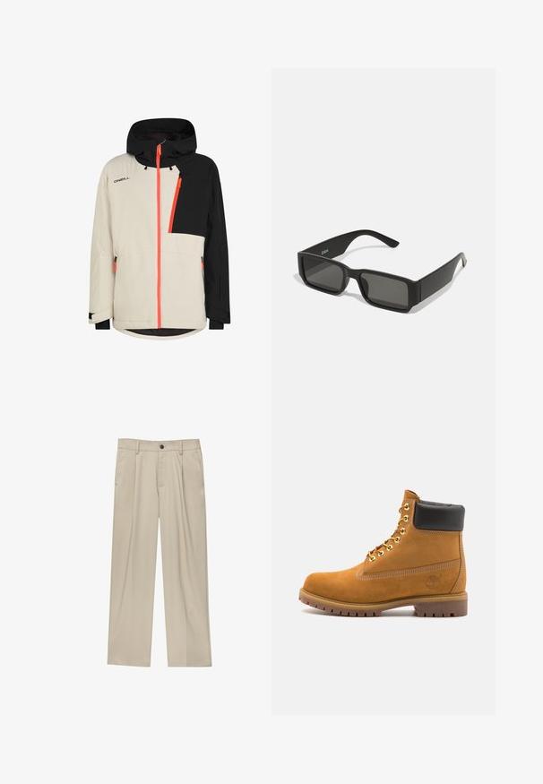 Tweekleurige beige en zwarte capuchonjack met feloranje ritsen en het O'Neill-logo op de borst, ritszakken en verstelbare manchetten.; Witte t-shirt met korte mouwen, gemaakt van katoen, met een ronde halslijn en een relaxte pasvorm. Gladde textuur, zonder zichtbare patronen of accenten.; Beige broek met een rechte snit, voorzien van een enkele zwarte knoop, riemlussen en zijzakken. Glad stoffen textuur en een minimalistisch ontwerp.; Tan suède enkelboot met zwart gevoerd kraagje, gouden metalen oogjes, witte stikdetails en een robuuste rubberen zool met uitgesproken profiel.; Zwarte zonnebril met rechthoekige lenzen, matte plastic montuur en rechte randen. Bevat het merkteken op de binnenarm.