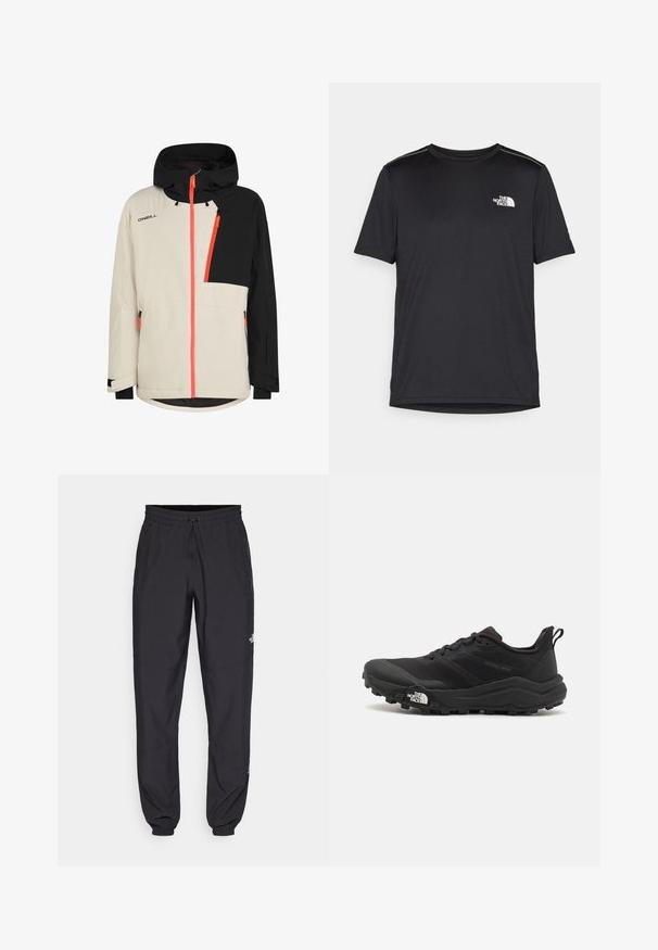 Two-tone beige and black hooded jacket with bright orange zippers and O'Neill logo on the chest, zipped pockets, and adjustable cuffs.; Black short-sleeve T-shirt made from lightweight fabric. Features a small white logo on the left chest and subtle shoulder accents.; Black athletic pants made from lightweight fabric, featuring a drawstring waistband, side pockets, and tapered cuffs at the ankles.; Black trail running shoe with a textured upper, rubber sole, and reinforced toe cap. Features a padded collar and pull tab for easy wear.