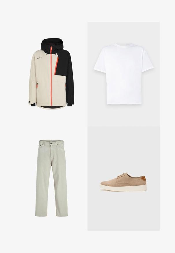 Tweekleurige beige en zwarte capuchonjack met feloranje ritsen en het O'Neill-logo op de borst, ritszakken en verstelbare manchetten.; Witte katoenen T-shirt met ronde hals en korte mouwen. Gladde textuur, rechte snit, geen patronen of accenten. Alleen achteraanzicht.; Licht beige denim jeans met een recht model, vijf-pocket stijl en een knoopsluiting bij de taille, met minimale stikdetails.; Beige suède sneakers met een ronde neus, vetersluiting aan de voorkant en een getextureerde achteraccent. De witte rubberen zool zorgt voor contrast. Eenvoudig en modern ontwerp.