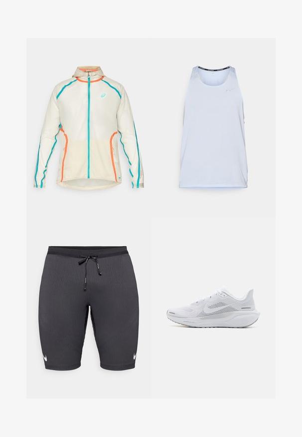 ASICS LIMITED SERIES ROAD PACKABLE JACKET - Striukė bėgimui - birch; Šviesiai mėlynas sportinis topas su kvėpuojančia, perforuota medžiaga, turintis apvalų iškirpimą ir juodą akcentą aplink apykaklę.; Juodi sportiniai šortai iš vagotų audinio, su raištelių liemeniu ir mažuoju baltu Nike logotipu kairėje pusėje.; Balti sportiniai batai su orui pralaidžia viršutine dalimi, lygaus tekstūros apdaila, pilkais akcentais, raišteliais ir paminkštintu padu, skirtu našumui užtikrinti.