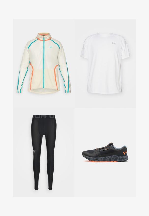 ASICS LIMITED SERIES ROAD PACKABLE JACKET - Löparjacka - birch; Vit kortärmad träningsskjorta tillverkad av mjukt tyg. Har rund halsringning och en grå logo på vänster bröst, med sidoflikar vid fållen.; Svart kompressionsleggings gjorda av ett glatth, flexibelt material med en bred elastisk midjeband med "UNDER ARMOUR"-logotyp i grått och stiliserad logotyp på underbenet.; Svart sportskor med texturerad ovandel, grå detaljer, orange accentfärger, sula med kamouflage-mönster och snörningssystem för en säker passform.