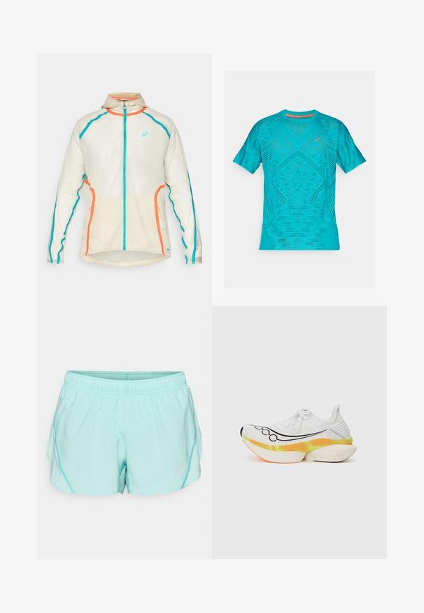 ASICS LIMITED SERIES ROAD PACKABLE JACKET - Veste de running - birch; T-shirt de sport turquoise à manches courtes, avec un design en maille texturée et respirante, et des accents réfléchissants sur la poitrine.; Shorts de sport turquoise clair avec une taille élastique, des panneaux en maille sur les côtés et un petit logo sur le bas à l'avant. Texture lisse et coupe décontractée.; Baskets de course blanches avec une tige en mesh texturé, un logo Swoosh noir, et une semelle colorée et superposée avec des accents orange et jaunes.
