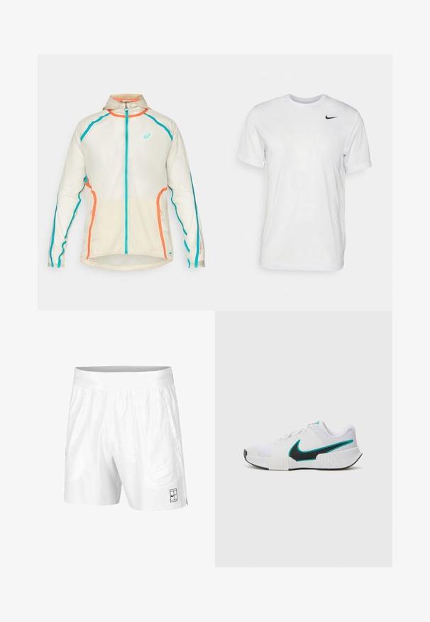 ASICS LIMITED SERIES ROAD PACKABLE JACKET - Laufjacke - birch; Weißes T-Shirt mit kurzen Ärmeln aus glattem Stoff. Verfügt über einen runden Halsauschnitt und ein kleines schwarzes Nike-Logo auf der linken Brust.; Weiße Sportshorts aus leichtem Gewebe mit einem elastischen Bund, ausgestattet mit zwei Seitentaschen und einem kleinen schwarzen Logo am Saum.; Weißer Sportschuh mit strukturiertem Mesh-Obermaterial, schwarzer Gummisohle und türkisfarbenem Nike-Swoosh-Akzent. Verfügt über Schnürsenkel und gepolsterten Kragen.
