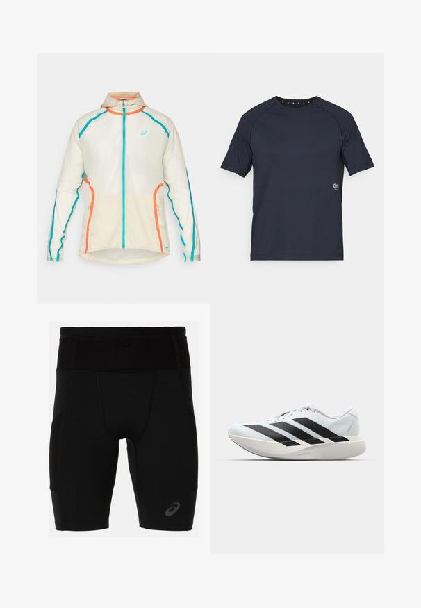 ASICS LIMITED SERIES ROAD PACKABLE JACKET - Running jacket - birch; Dark navy short-sleeve t-shirt made of lightweight fabric, featuring a crew neckline with small eyelet details at the back and logo on the front side.; Black athletic shorts with a fitted design, made of smooth material. Features a high waistband and a small logo on the lower left leg.; Lightweight running shoes in pale blue with black stripes. Features a smooth upper, round toe, and thick white midsole labeled "LIGHTSTRIKE PRO."