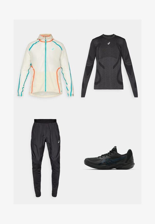 ASICS LIMITED SERIES ROAD PACKABLE JACKET - Running jacket - birch; Long-sleeved athletic top in dark gray, featuring textured design accents in a lighter gray. Crew neckline with logo on the chest.; Black athletic pants with a stretchy waistband, side pockets, and contrasting texture panels on the legs. Asics logo on the hip.; ASICS SOLUTION SPEED FF 3 CLAY - Clay court tennis shoes - black/prism blue