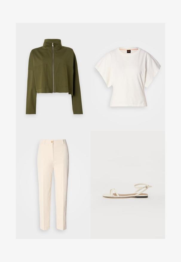 Lühendatud oliiviroheline tõmblukuga jakk, mis on valmistatud pehmest kangast ja millel on kõrge krae ning kaks esiäkkäku taskut. Sile tekstuur, minimaalne disain.; Valge lühikeste laiadte varrukatega lühike T-särk, pehme puuvillane materjal, ümar kaelus kergelt oranži ääristusega, minimaalne disain, ilma mustrite ja graafikateta.; Kreemikas värvi kõrge vöökohaga püksid, mis on valmistatud tekstureeritud kangast. Omab esFront nuppude sulgemist ja kitsenevaid jalgu.; Kreemivärvi nahast lamedad sandaalid õhukeste ristiliste rihmadega, pahkluu rihm lukuga, minimalistlik disain ja kontrastne must põhja.